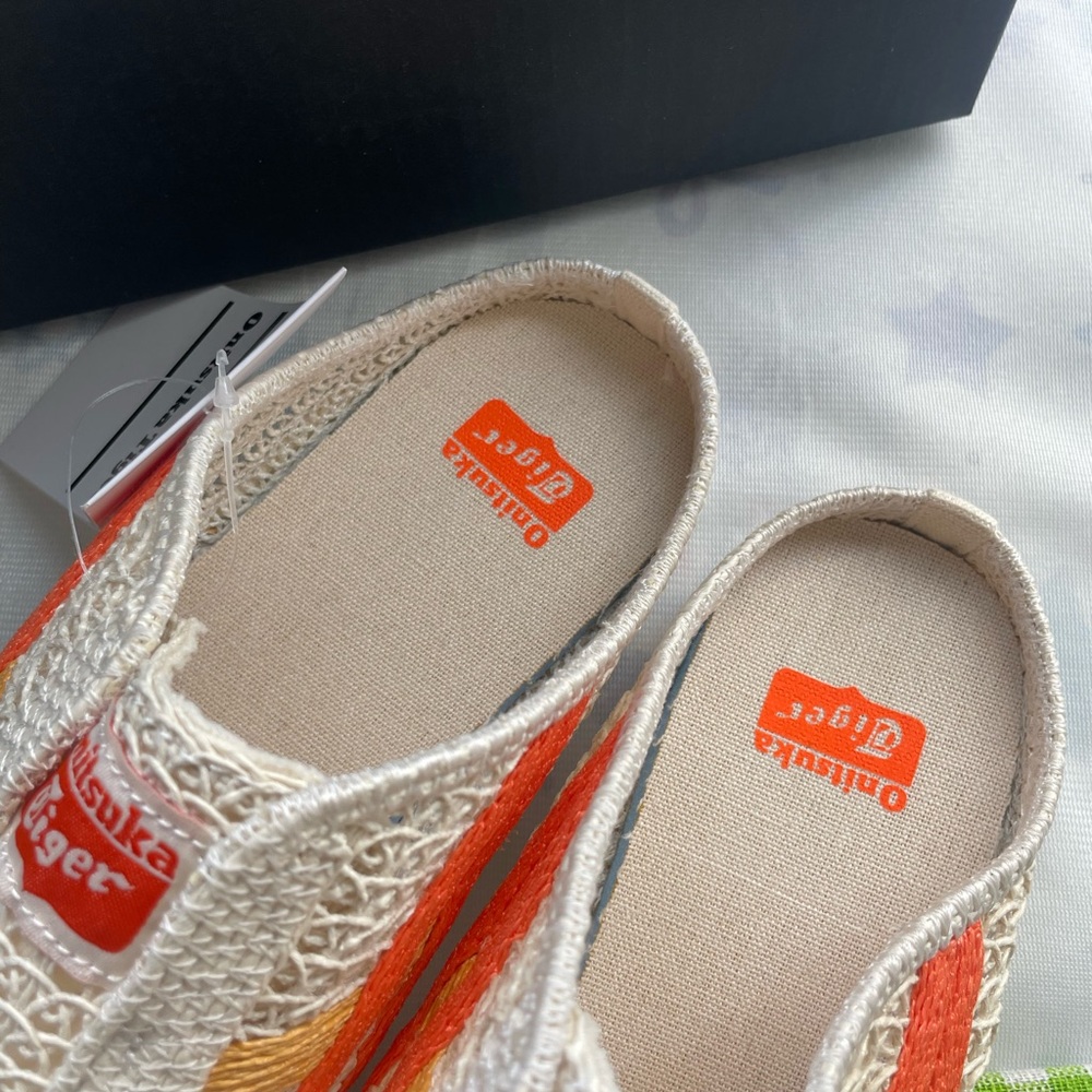 Onitsuka Tiger Cream Mesh Slip-On Sneakers with Orange and Gold Stripes - Picture 8 of 9